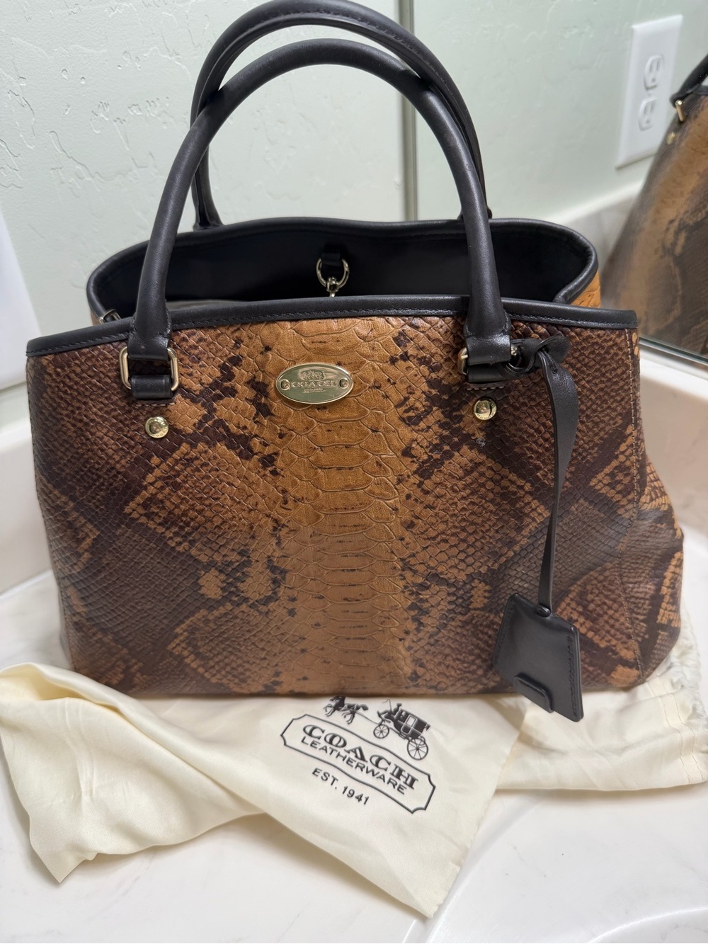 Coach Brown Snakeskin-Print Top-Handle Satchel with Black Trim